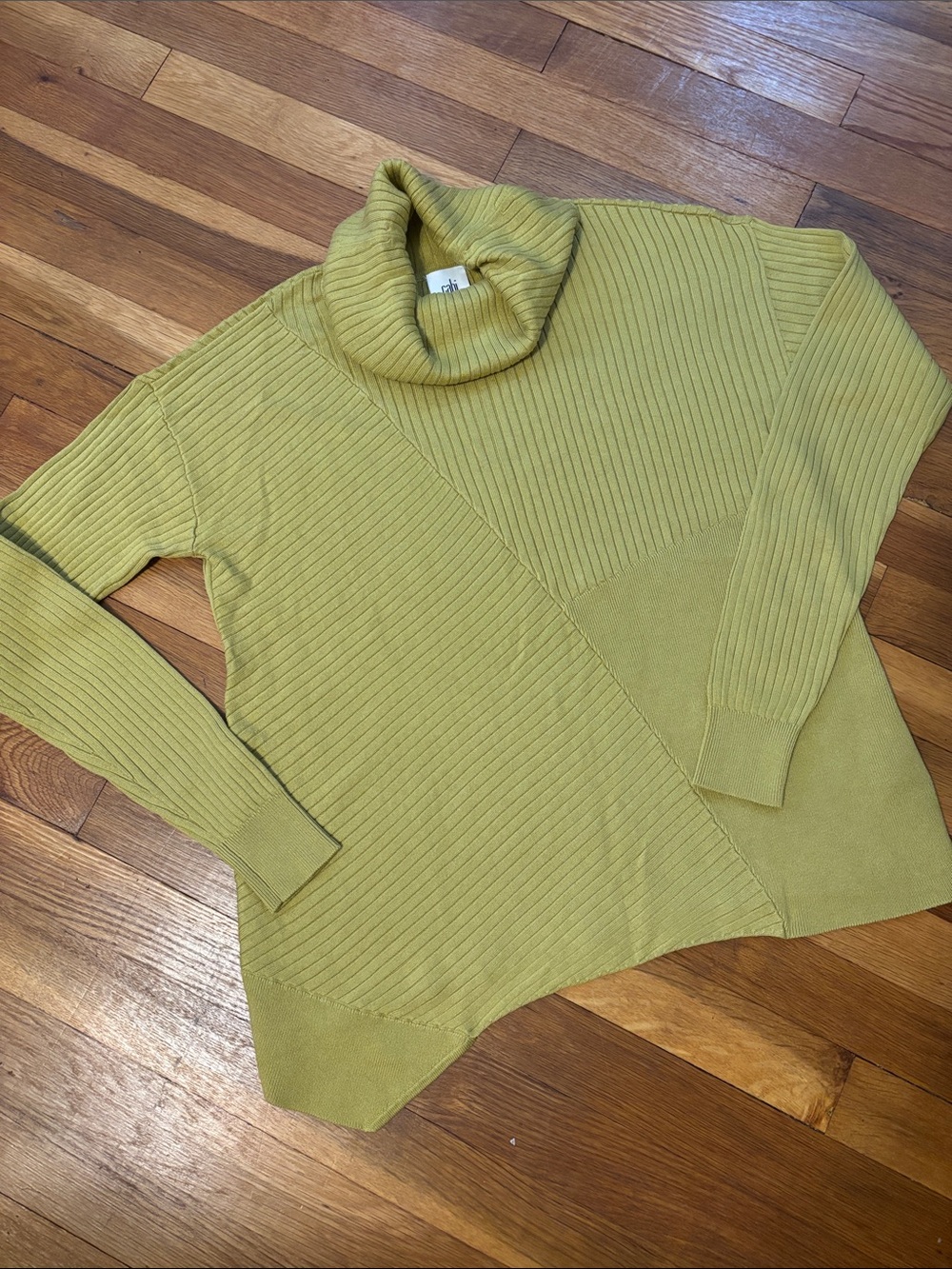 CAbi Chartreuse Asymmetrical Ribbed Turtleneck Sweater Top